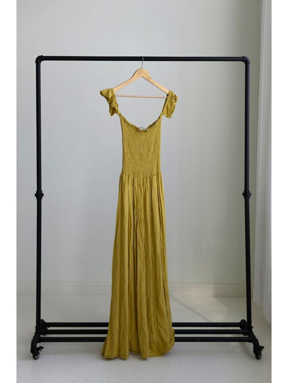 Young Fabulous & Broke Smocked Off Shoulder Maxi Dress Mustard Yellow M
